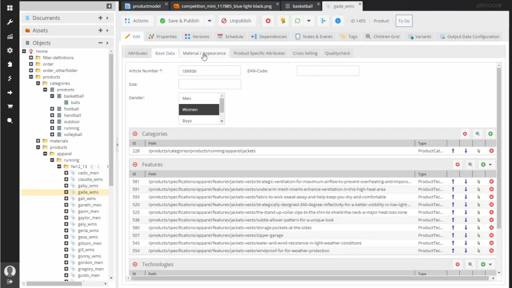An image showing Product Data Management in PIMCOre platform