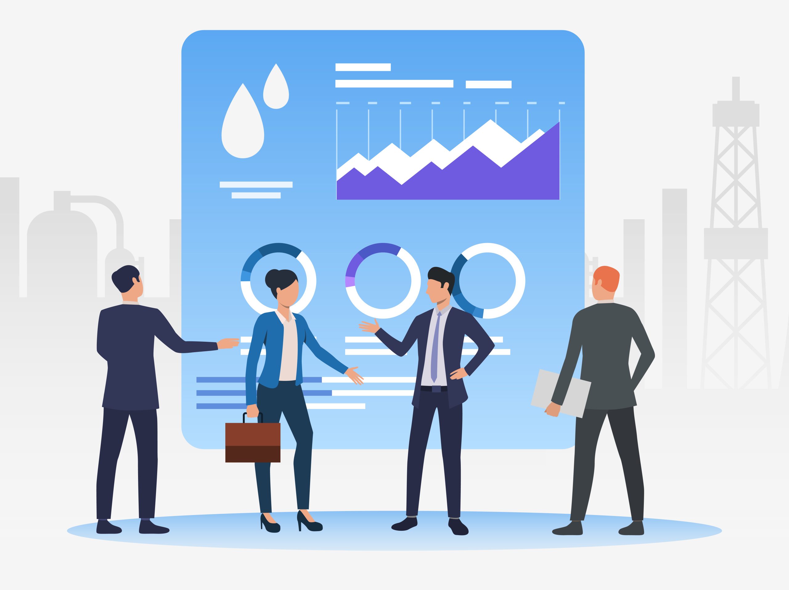Illustration of Business professionals reviewing customer data on a large digital dashboard with charts and graphs, symbolizing effective customer data management and collaboration.