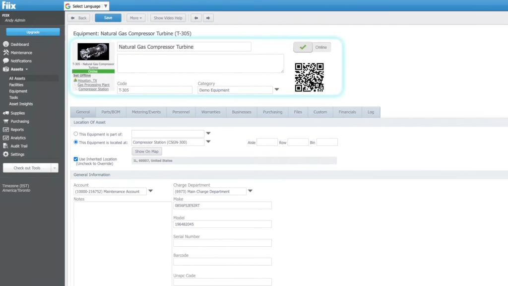 Image of Fiix CMMS showing asset details for a natural gas compressor turbine, including location, account info, model, serial number, and equipment status.