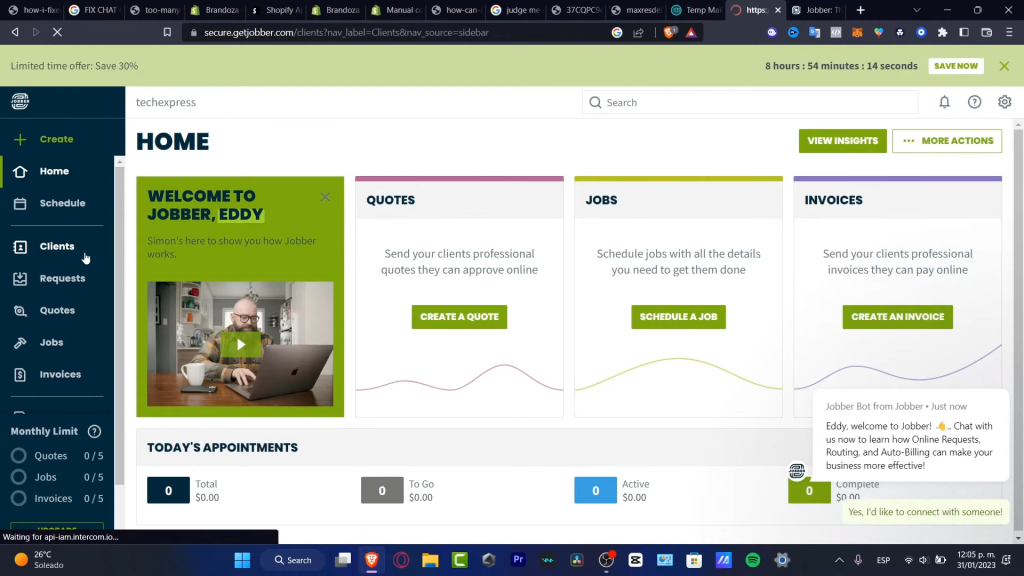 Image of Jobber dashboard showing client welcome message, and sections for creating quotes, scheduling jobs, and generating invoices. Navigation menu on the left.