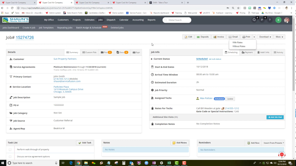 Image of MobiWork job management interface showing customer details, service agreement, job info, assigned technician, and scheduled service window.