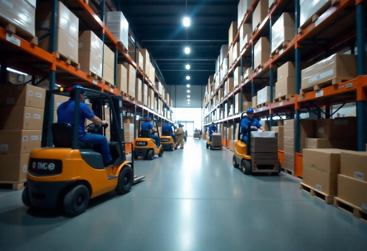 Entorno de almacén que muestra la gestión de órdenes de trabajo en tiempo real y el seguimiento del inventario en curso mediante un sistema manual de listas de comprobación.