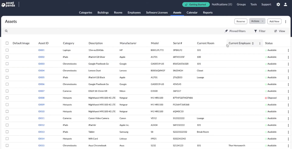 This image shows how efficiently you can track and manage organizational assets with Asset Panda’s intuitive dashboard. View detailed information on asset categories, descriptions, locations, statuses, and assigned employees—all in one place for streamlined inventory control and real-time asset monitoring.