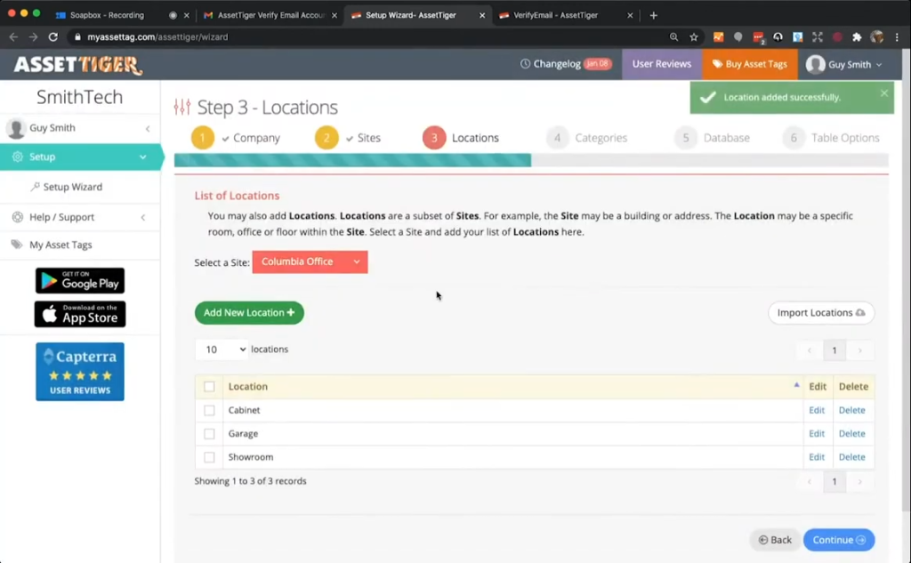 The image displays the "Locations" setup screen in AssetTiger, where users can define locations within a selected site, helping organize asset data across different areas like cabinets, garages, and showrooms for effective asset management.