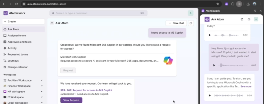The image showcases the Atomicwork platform, where a user requests access to Microsoft 365 Copilot through the "Ask Atom" assistant. The platform facilitates easy access management and guidance for utilizing tools like Microsoft 365 Copilot within enterprise systems.