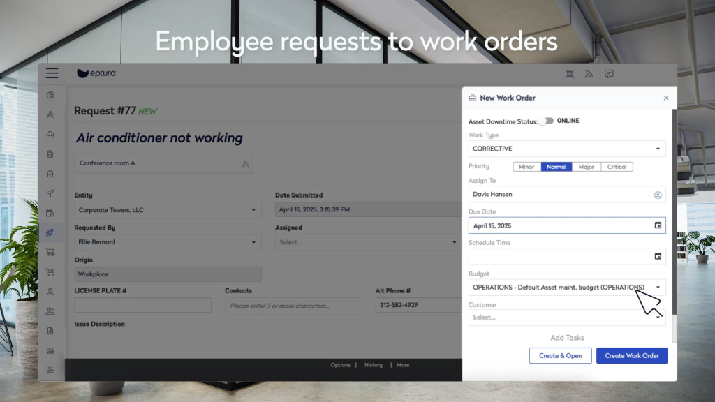 Eptura Fixed Asset Management helps you to convert employee maintenance requests into work orders seamlessly. Track asset downtime status, manage corrective maintenance, assign priorities, and streamline facility asset lifecycle management with automated workflow integration.