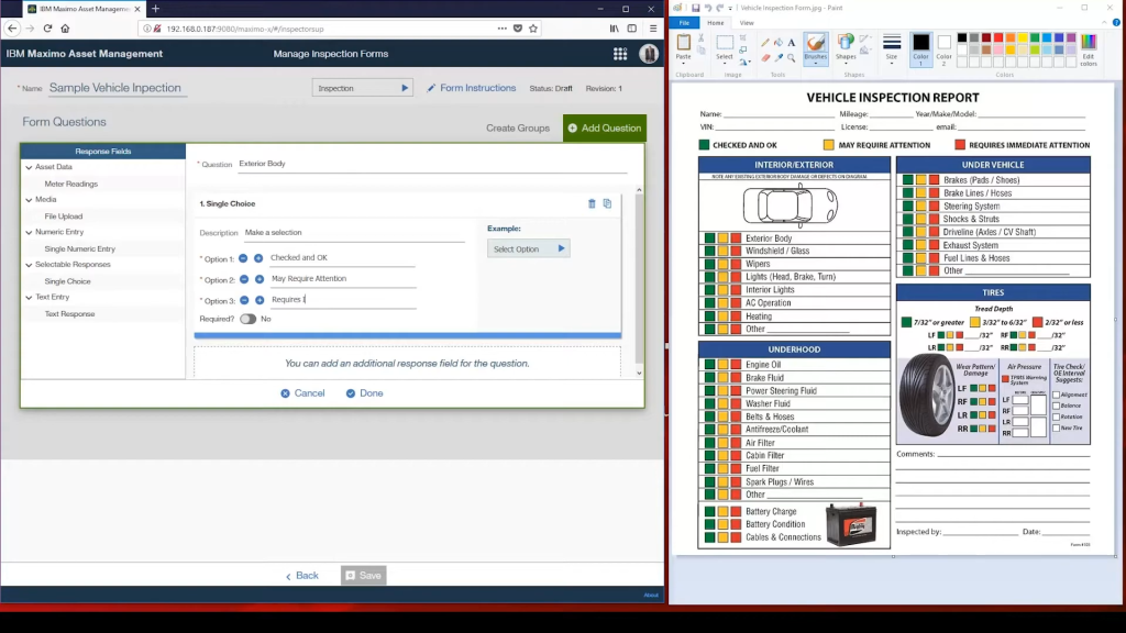 This image highlights how IBM Maximo Asset Management Platform streamlines vehicle inspections by creating custom digital forms for comprehensive checks. Easily configure inspection questions, selectable response options, and capture detailed status reports ensuring efficient, standardized, and paperless vehicle assessments.