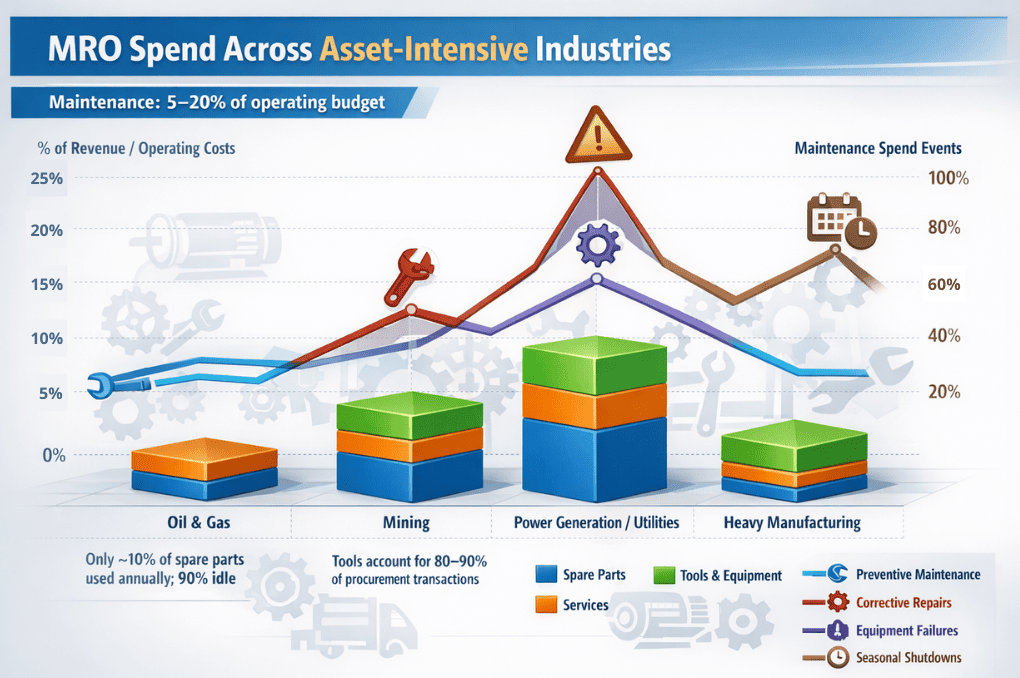 A visual representing MRO spending distribution by industry, also showing the breakdown and equipment failure points