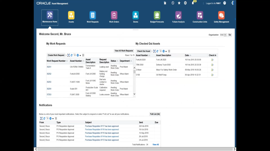 The image showcases Oracle Asset Management, displaying work requests, asset checkout details, and notifications, all designed to streamline asset management processes across departments. It provides an integrated platform for managing maintenance tasks and asset tracking, ensuring efficient operations and decision-making.