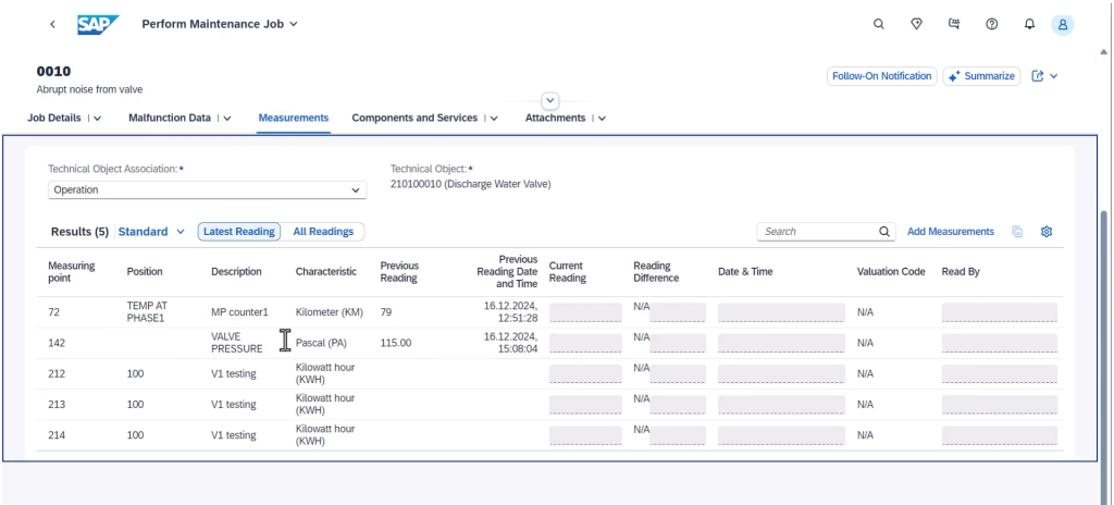 The image shows an SAP Enterprise Asset Management (EAM) interface for performing maintenance jobs, highlighting measurement readings for equipment like valves, including details such as previous readings, current readings, and timestamps for effective asset monitoring.