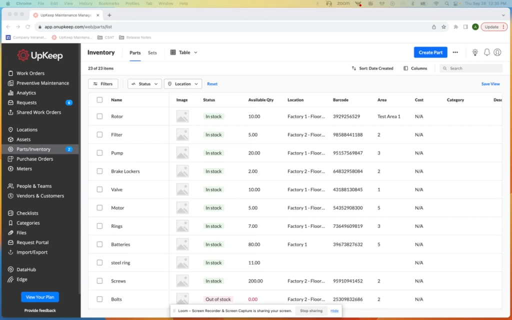 The image shows the UpKeep maintenance management interface displaying an inventory list of parts, including their status, available quantity, location, and barcode, highlighting the ease of asset management and tracking within a manufacturing environment.