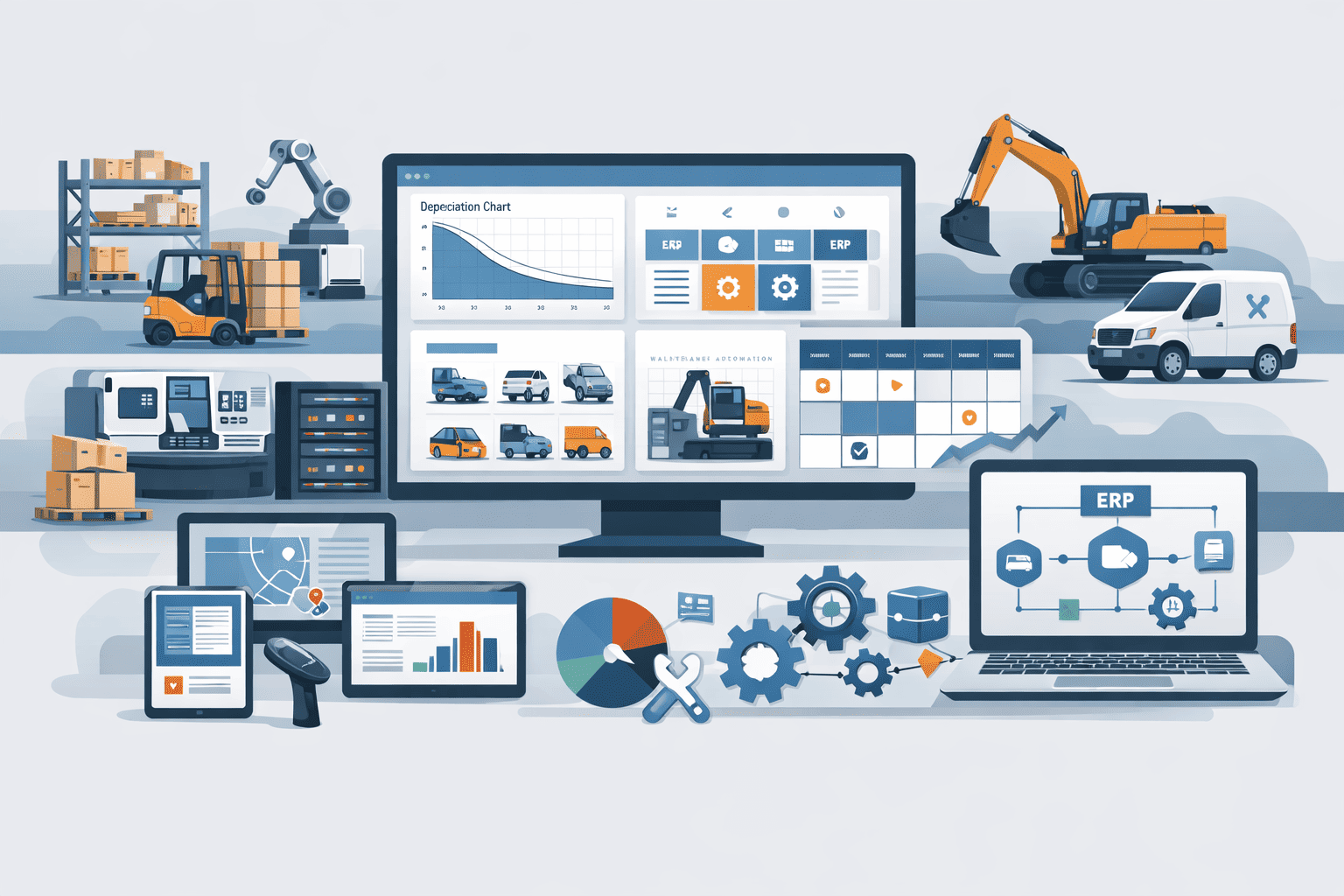 Illustration highlighting fixed asset tracking, lifecycle management, and operational efficiency using enterprise software.
