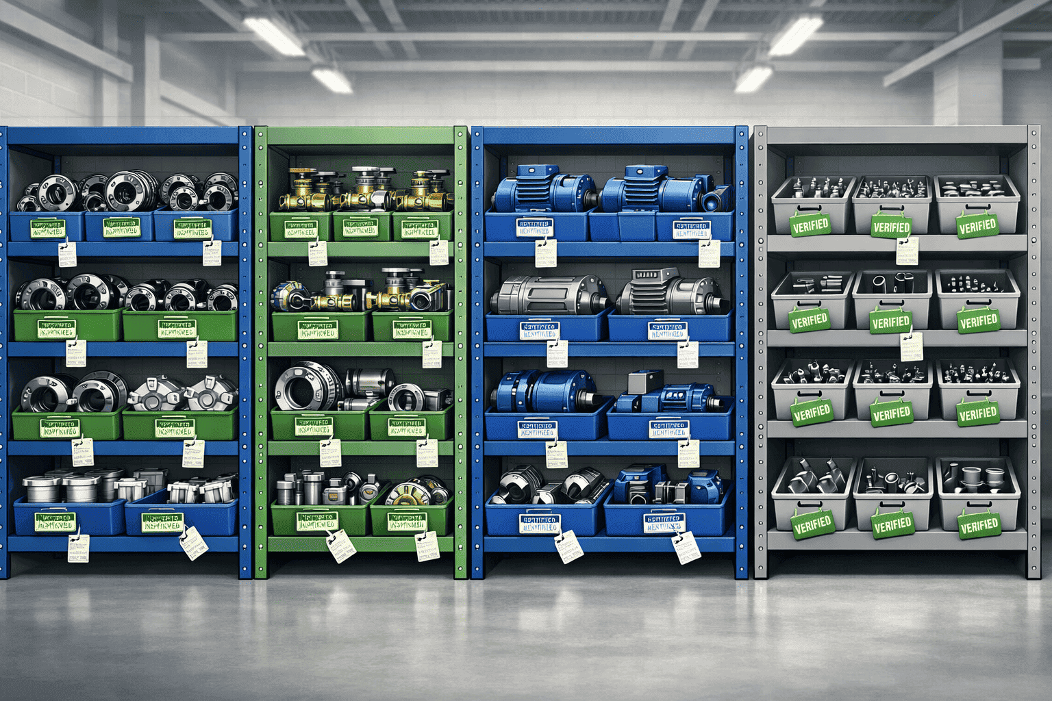 Illustration of MRO data governance showing an organized storeroom with standardized spare parts, labeled shelves, and validation tags.