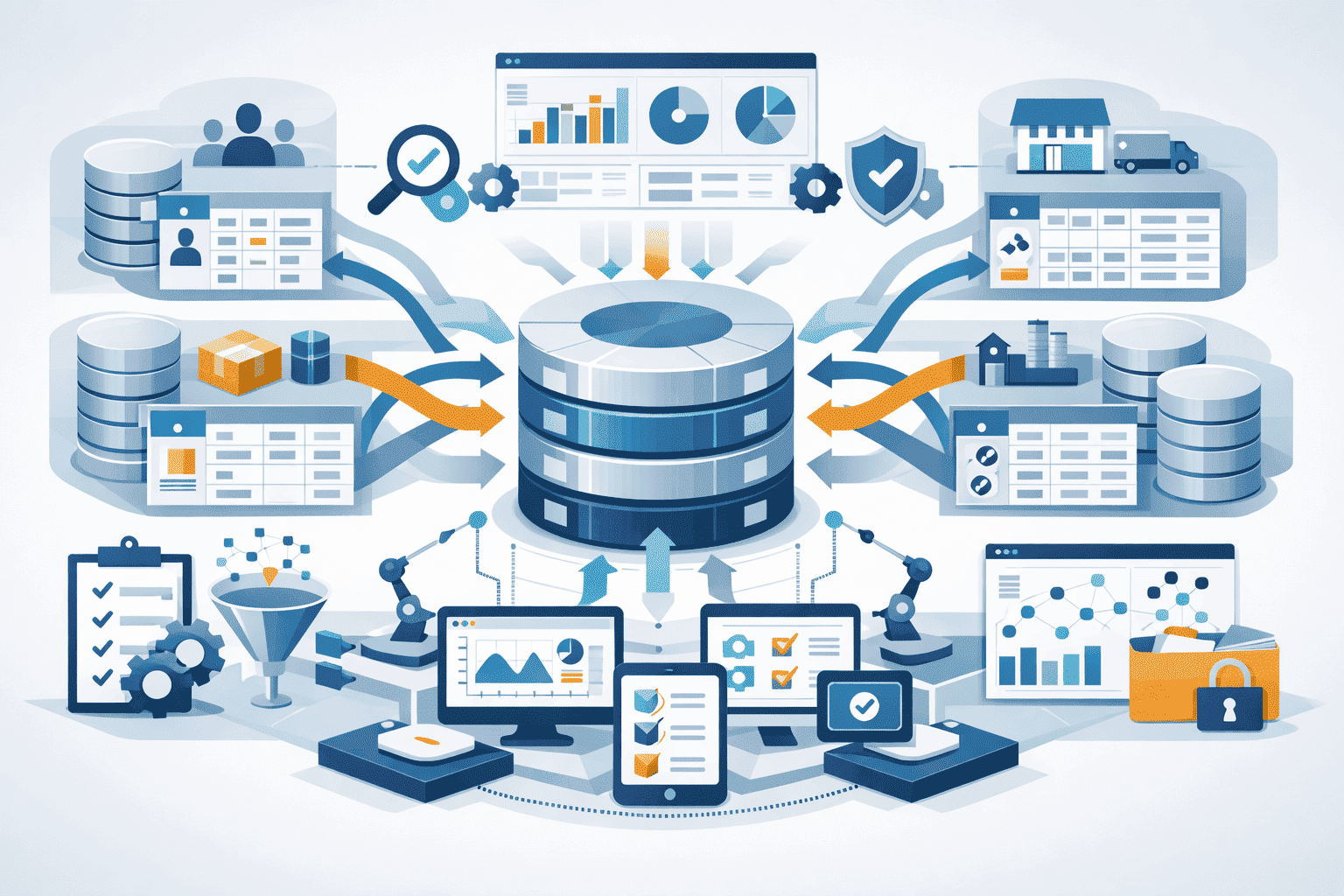 Illustration highlighting data standardization, governance, and operational efficiency through master data harmonization.