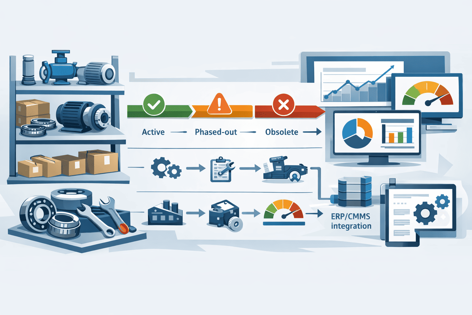 Illustration highlighting spare parts replacement planning, inventory continuity, and obsolescence risk management.