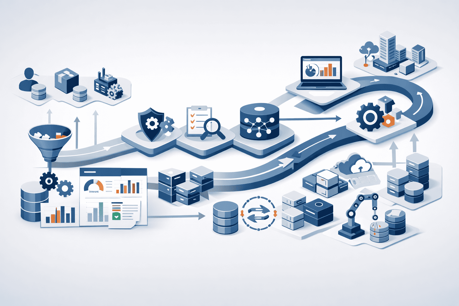 Visual of MDM roadmap with enterprise data objects, integration steps, governance stages, and workflow progression