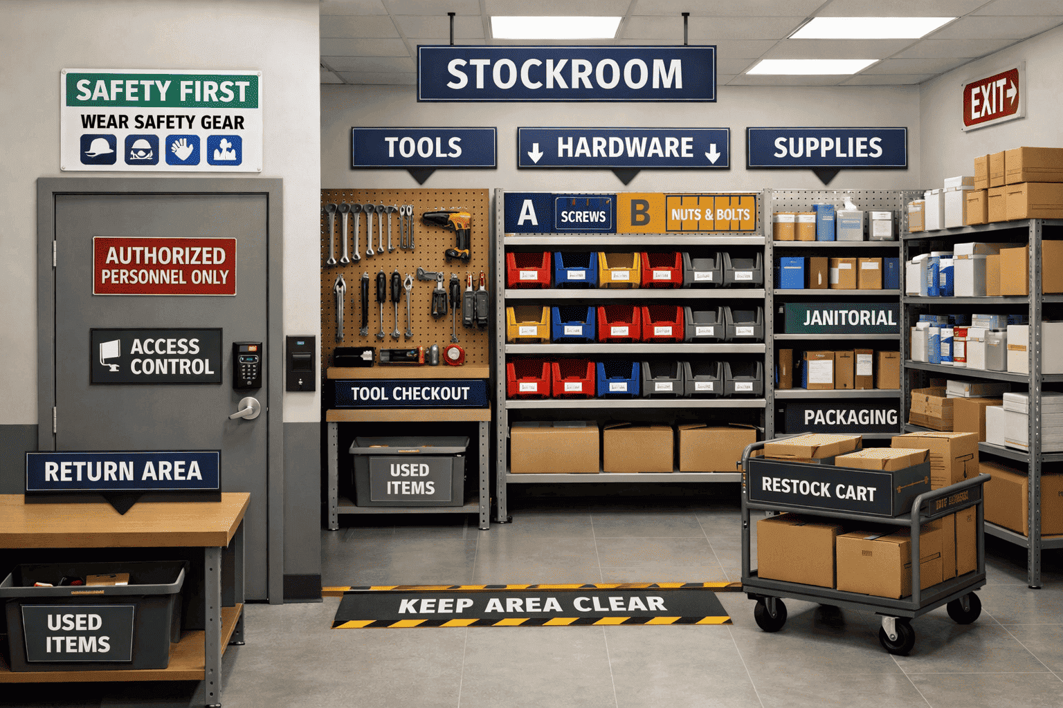 MRO storeroom management visual highlighting spare parts organization, stock control, and ERP-based inventory tracking.