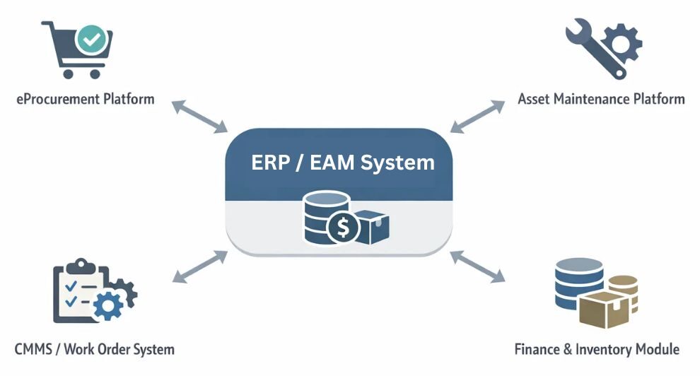 A simple infographic showing how ERP/EAM systems integrate finance, procurement, maintenance, and work order platforms into a unified enterprise data flow.