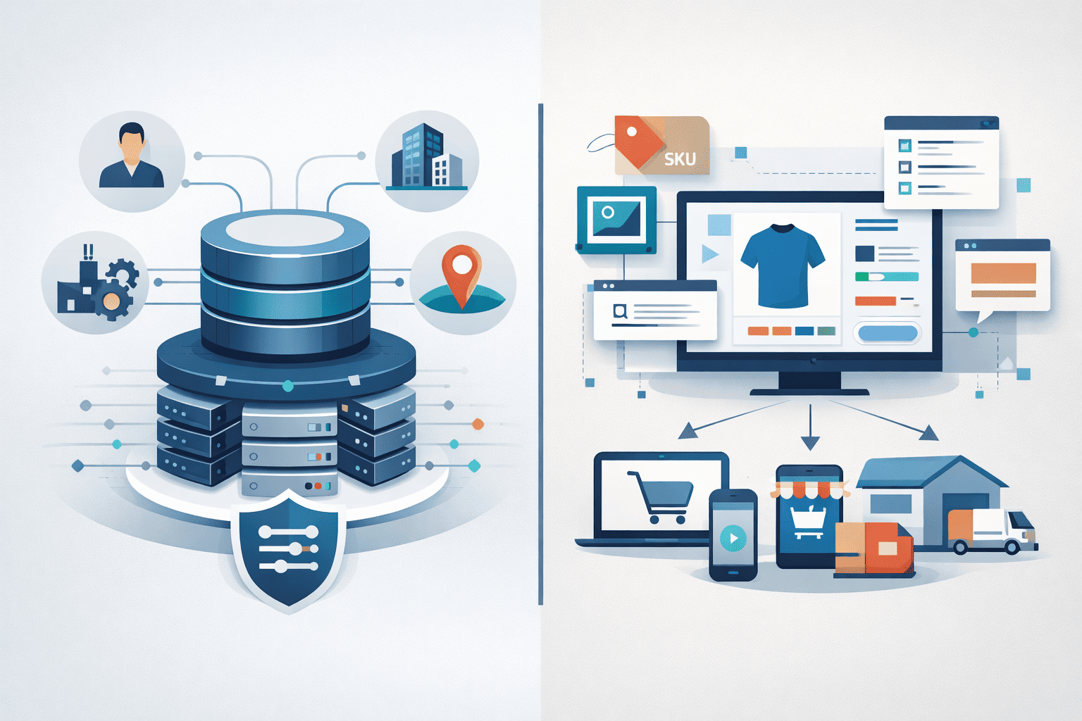 Visual comparison of MDM and PIM systems highlighting enterprise master data governance versus product content and attribute management.