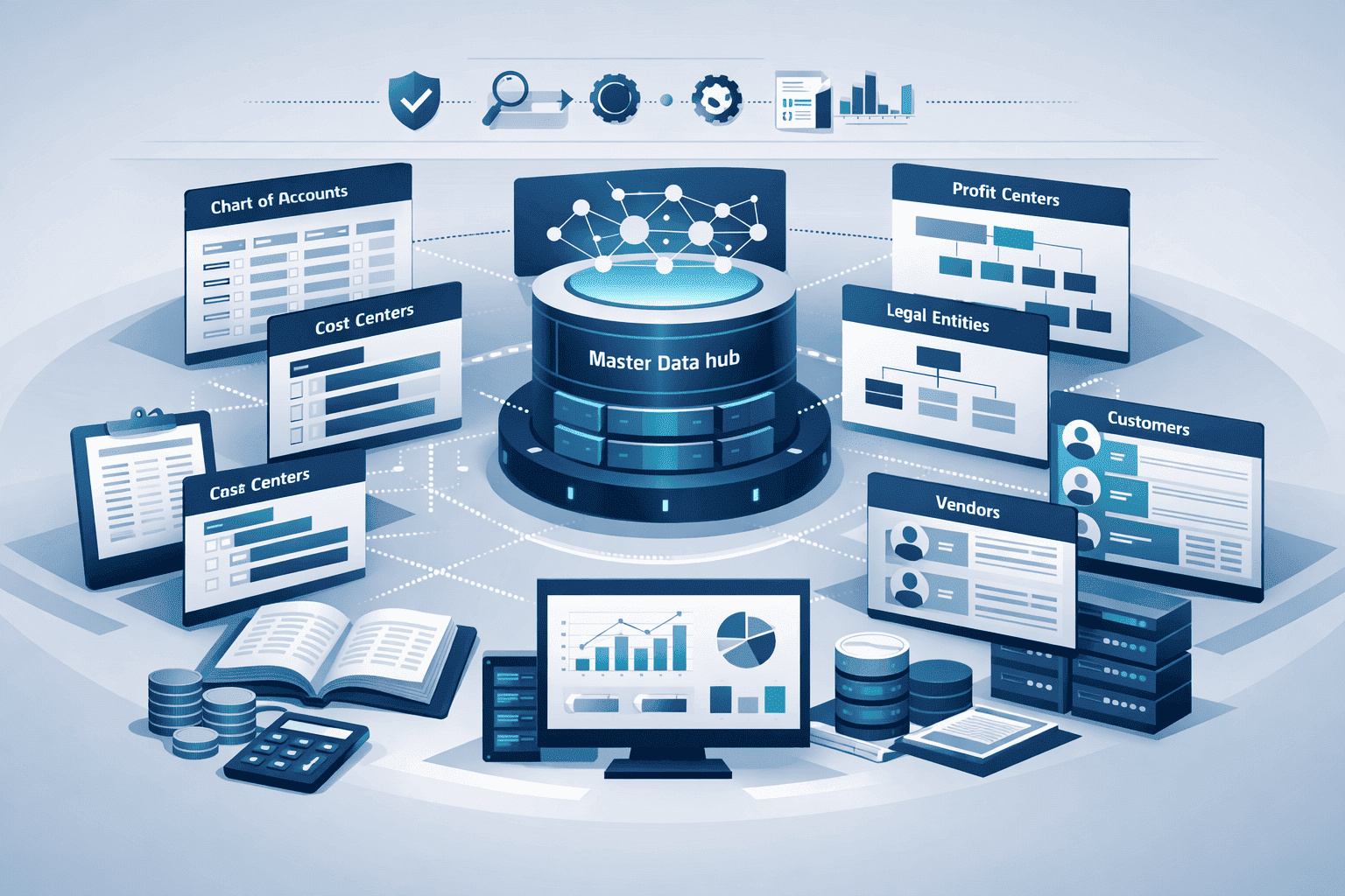 Enterprise illustration of finance master data management showing chart of accounts, cost centers, legal entities, and governed financial data structures