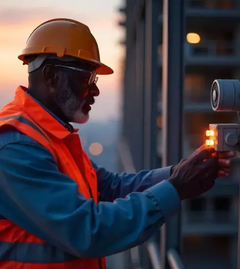 Industrial maintenance engineer monitoring equipment performance at a manufacturing facility