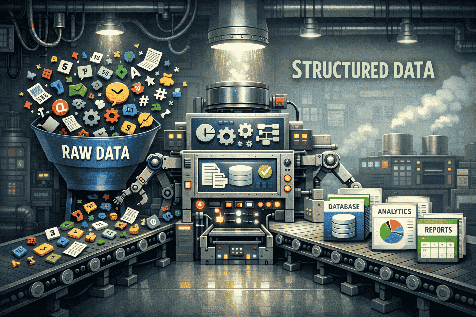 Illustration of automated data extraction converting raw data into structured outputs.