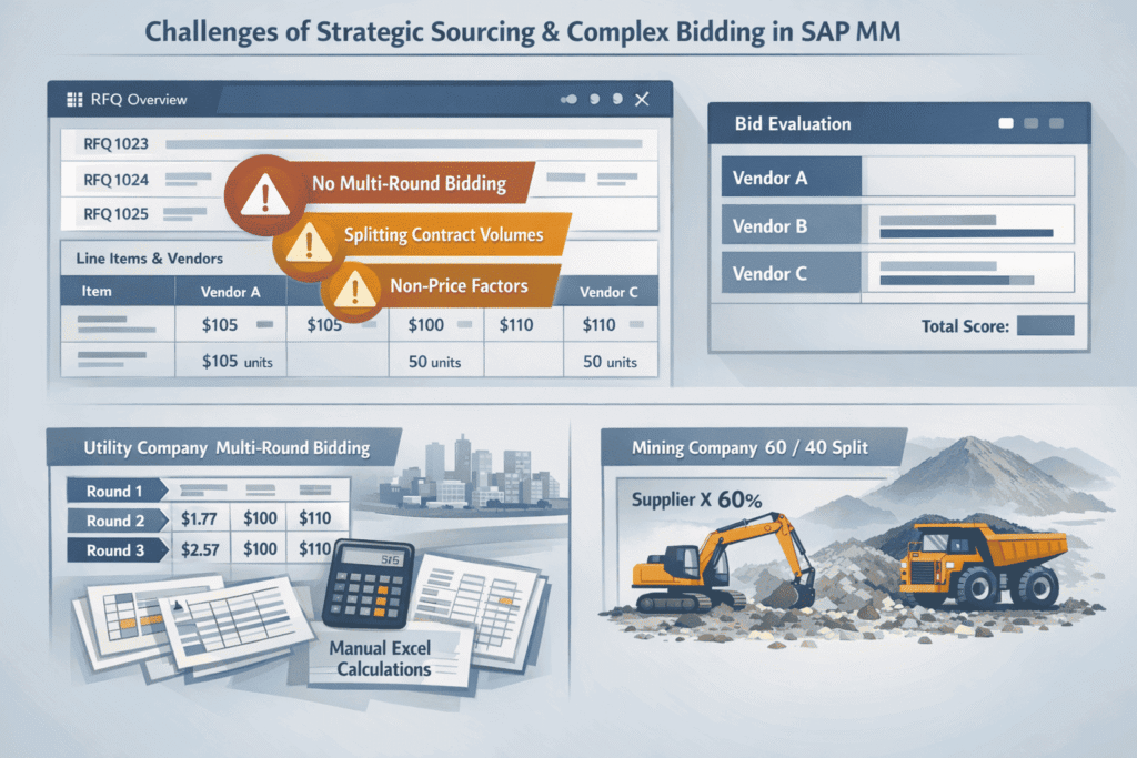 Infographic showing SAP MM master data challenges: missing and duplicate records, obsolete data, inconsistent taxonomy, missing integrations, and weak governance, with a dashboard and a network of warehouses, plants, and suppliers highlighting problem areas.