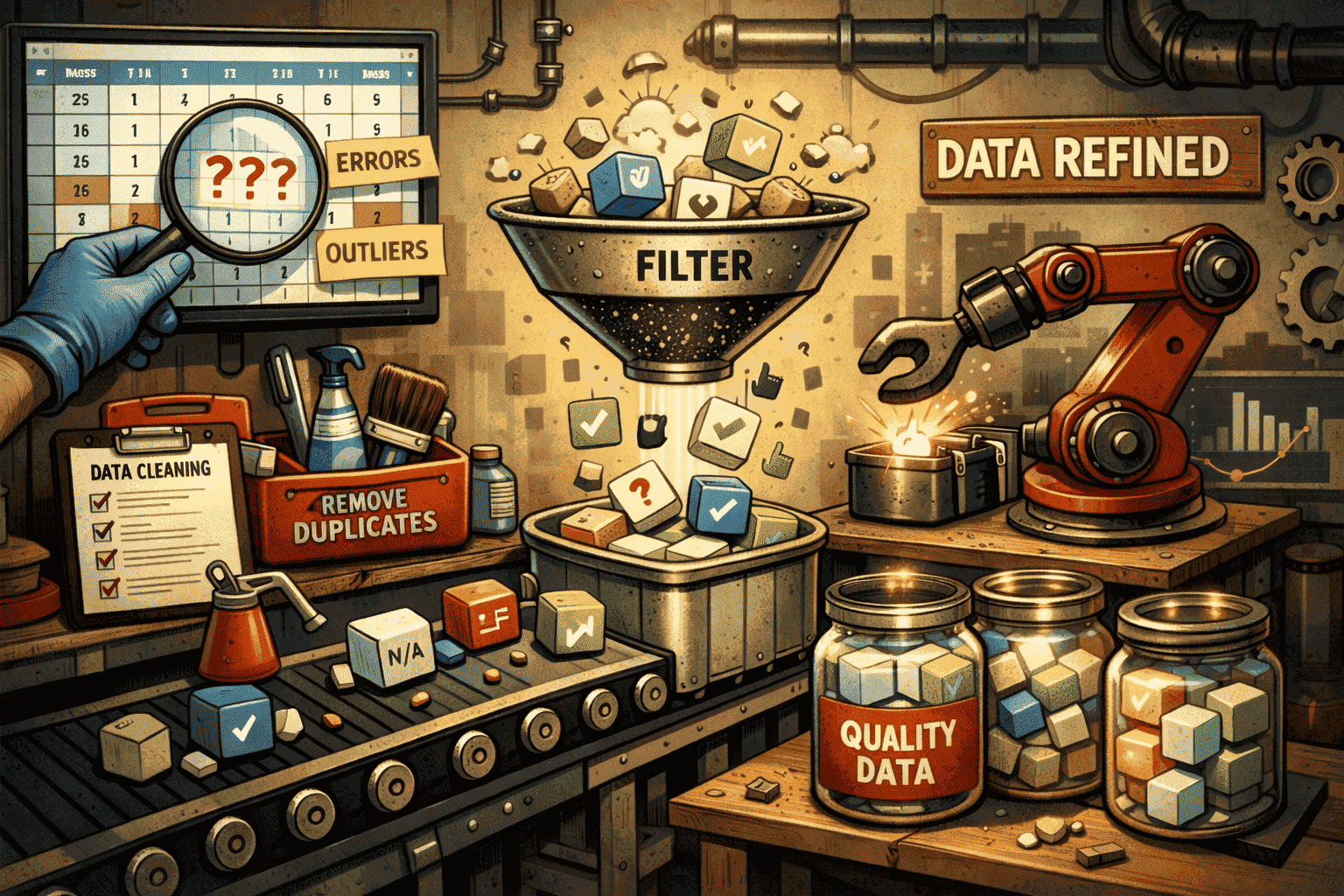 Illustration of data cleansing tools refining and standardizing enterprise data.