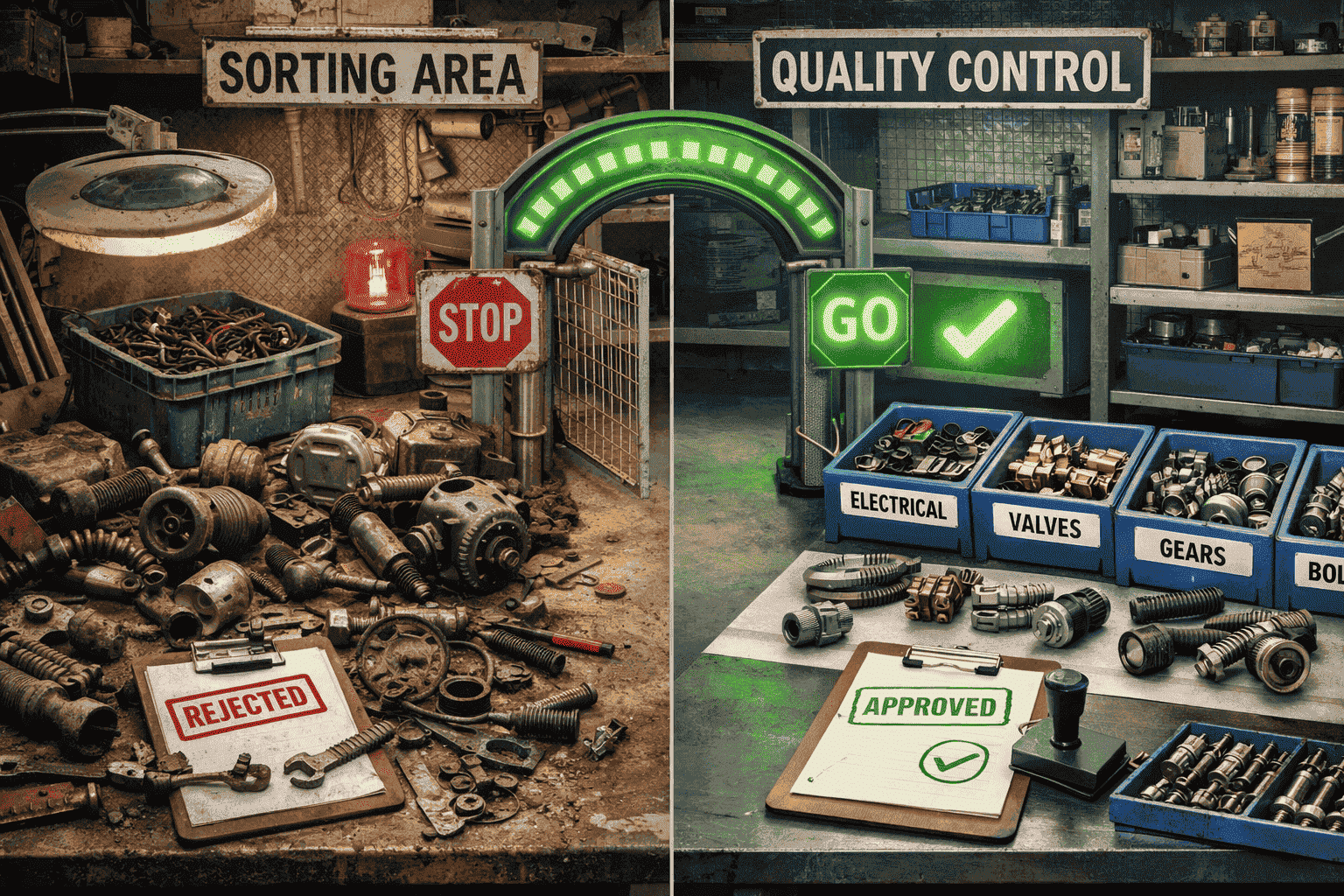 Visual showing spare parts data cleanup through sorting, standardization, and labeling.