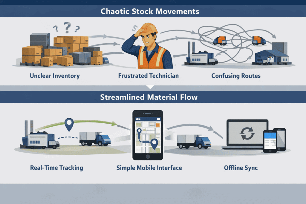 An illustration showing a factory technician scanning inventory, trucks moving stock, and a semi-transparent ERP dashboard overlay tracking real-time updates. The image highlights material movement challenges like stock-in-transit uncertainty and complex master data, alongside solutions including mobile UI, real-time tracking, and offline syncing.