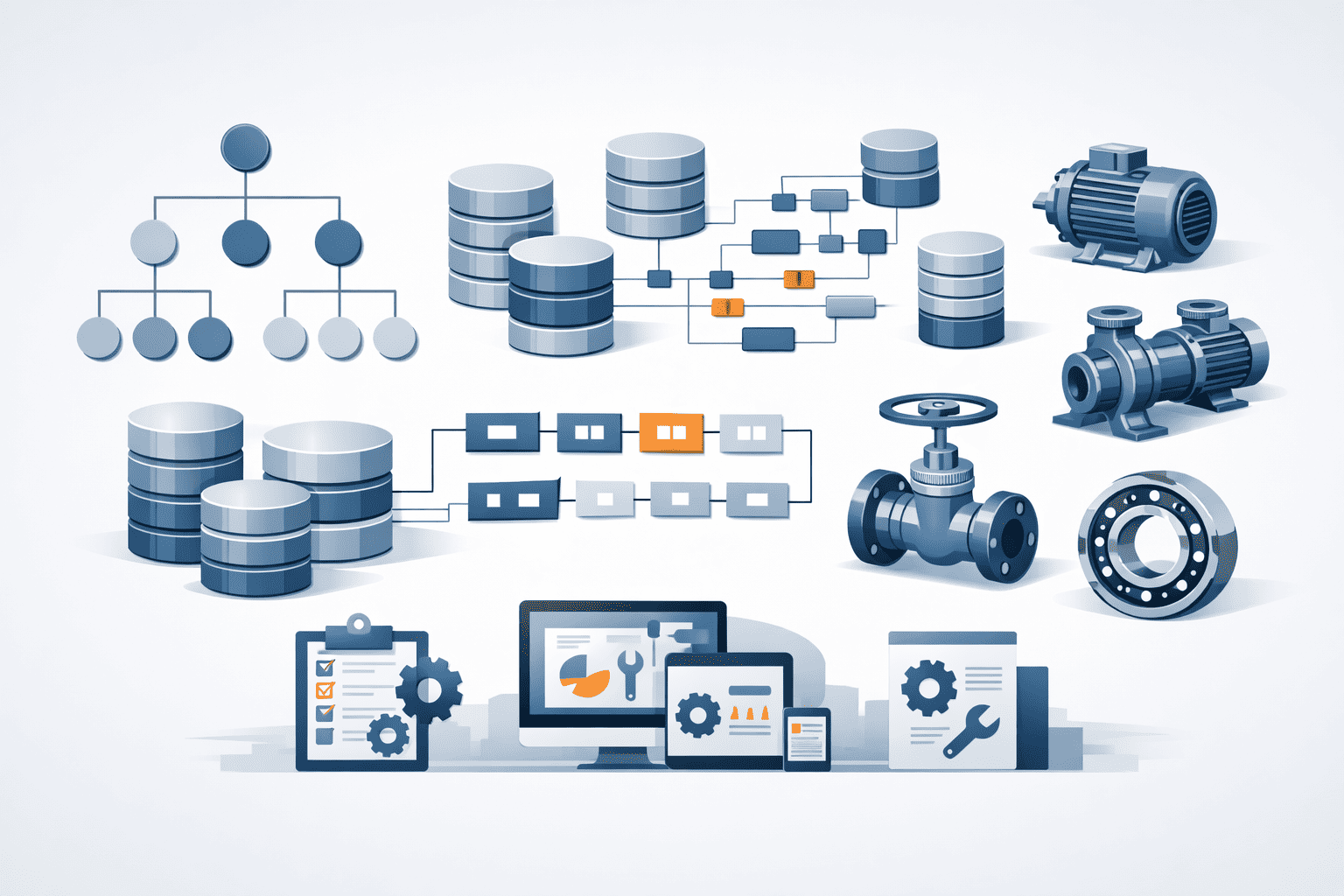 Visual representation of MRO data taxonomy with structured classification of maintenance, repair, and operations spare parts and asset data.