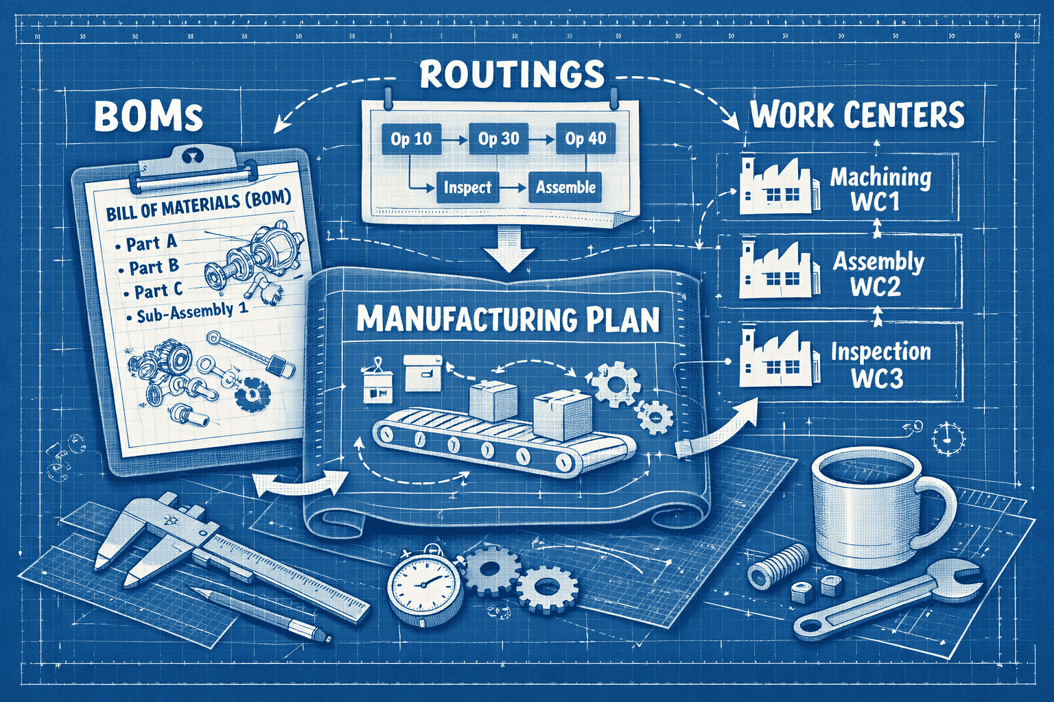 Manufacturing master data management visualization featuring bills of materials, routings, work centers, and standardized production data in an ERP environment.