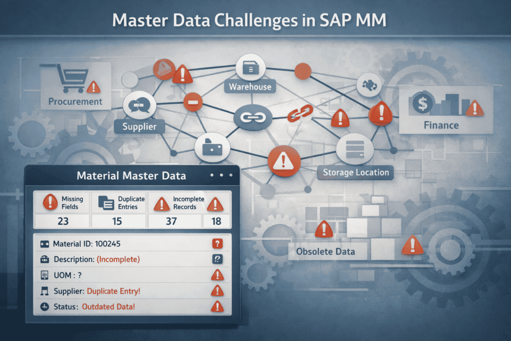 Infographic showing SAP MM master data challenges: missing and duplicate records, obsolete data, inconsistent taxonomy, missing integrations, and weak governance, with a dashboard and a network of warehouses, plants, and suppliers highlighting problem areas.