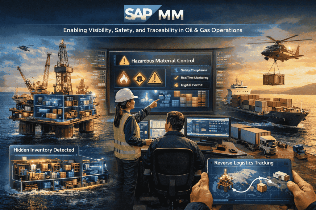An image illustrating SAP MM providing global inventory visibility, hazardous material governance, and reverse logistics tracking across oil and gas operations