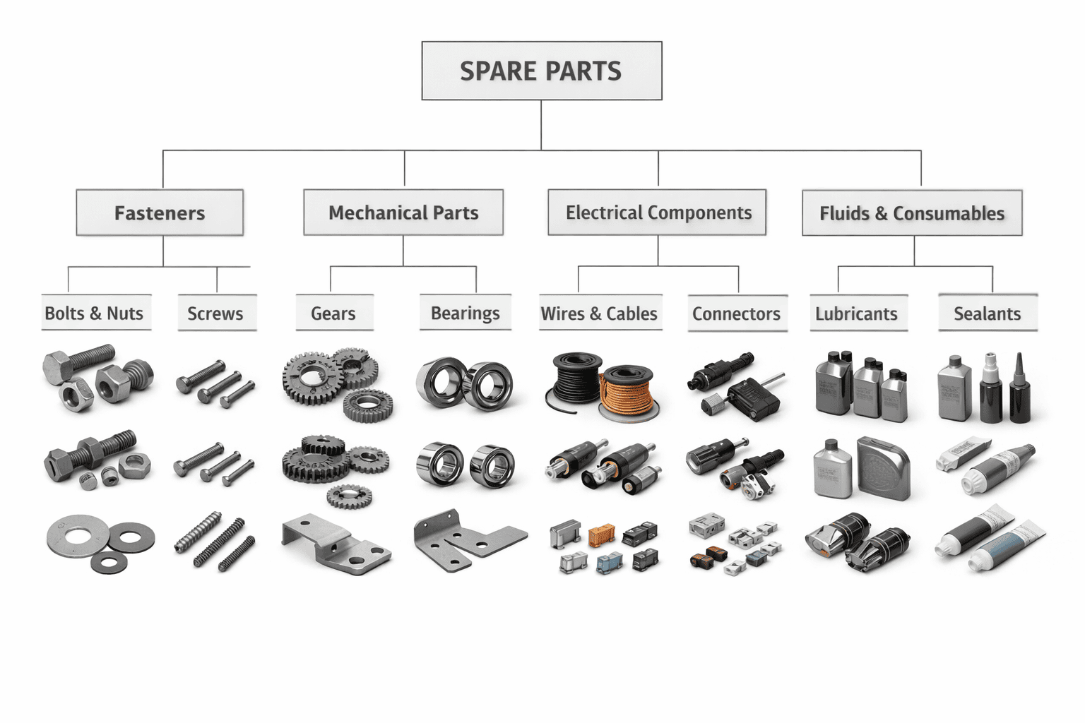 Illustration showing hierarchical classification of spare parts into structured categories.
