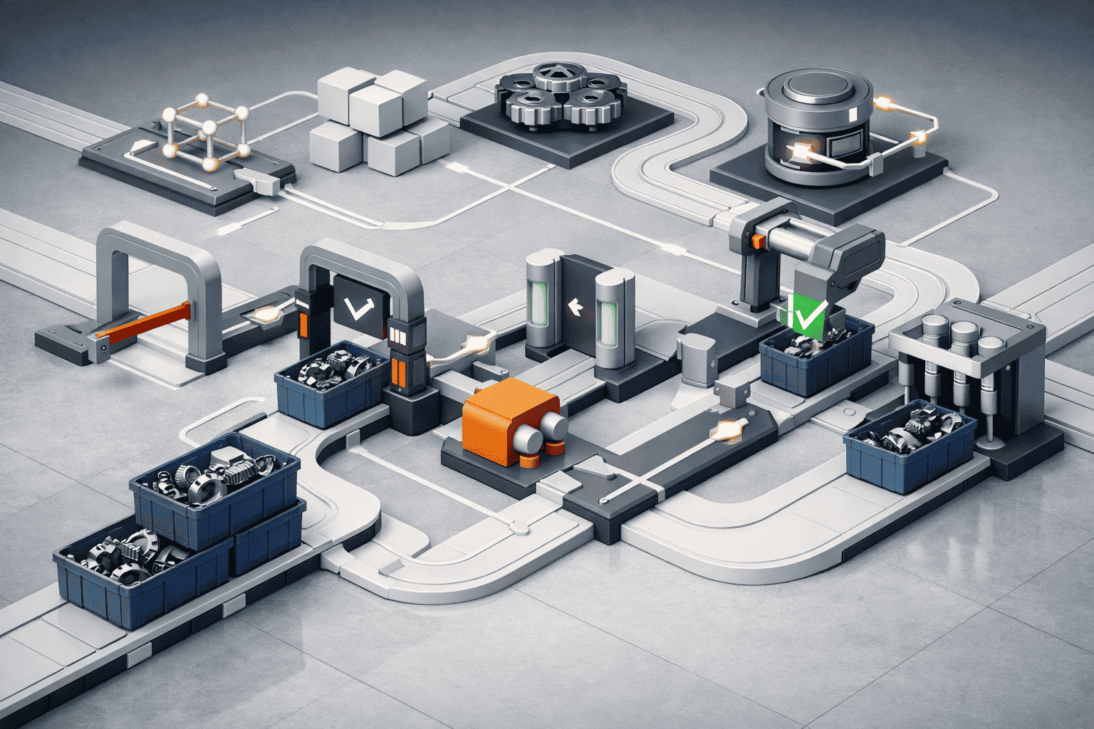 Illustration highlighting spare parts organization, inventory tracking, and predictive maintenance processes for operational efficiency.