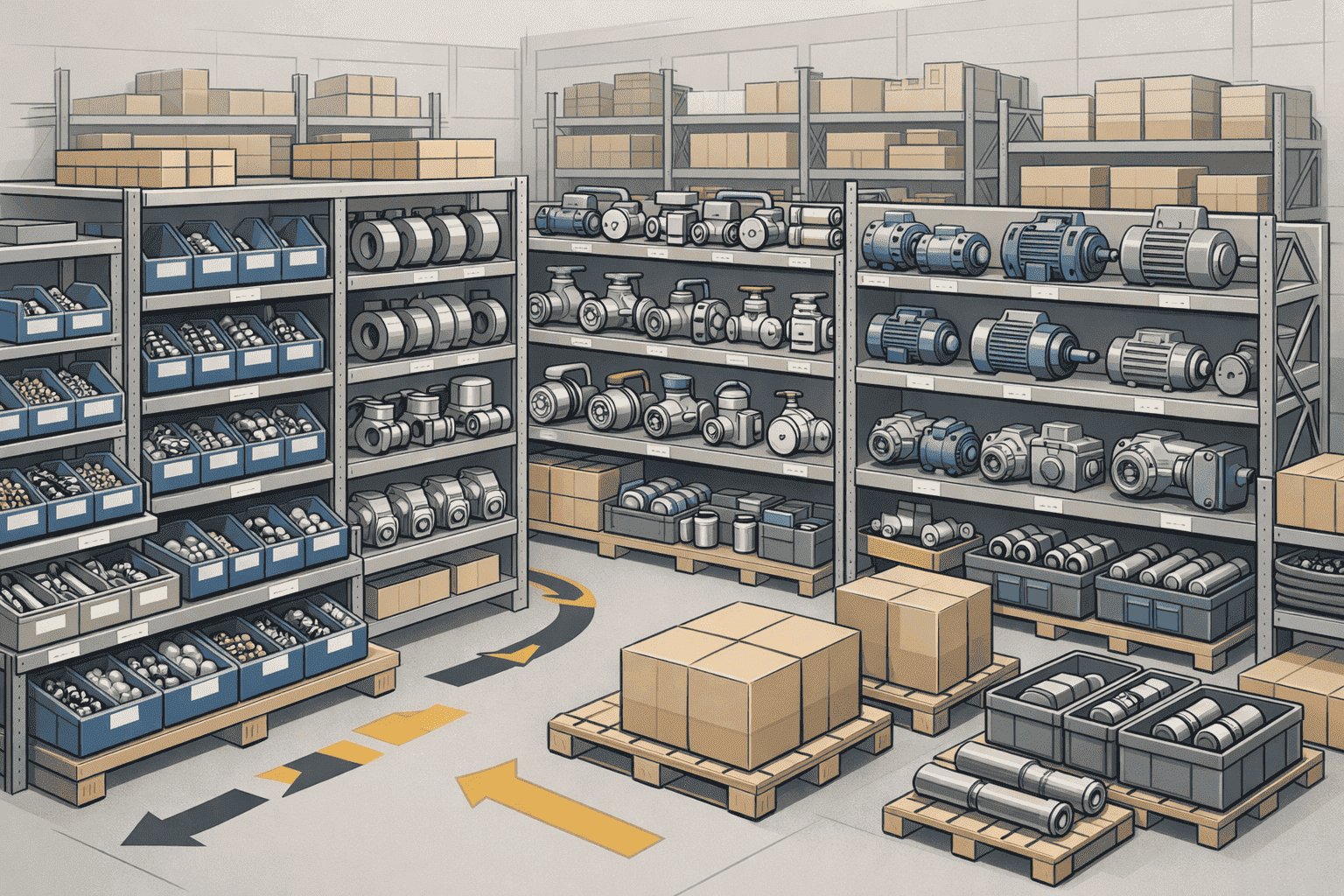 Illustration of spare parts management with organized shelves, labeled bins, and structured inventory storage.