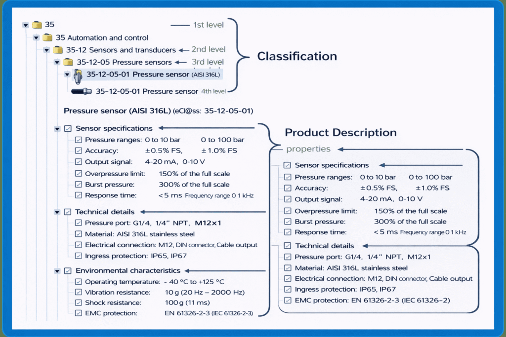 Pressure sensor specifications and classification as per eClass