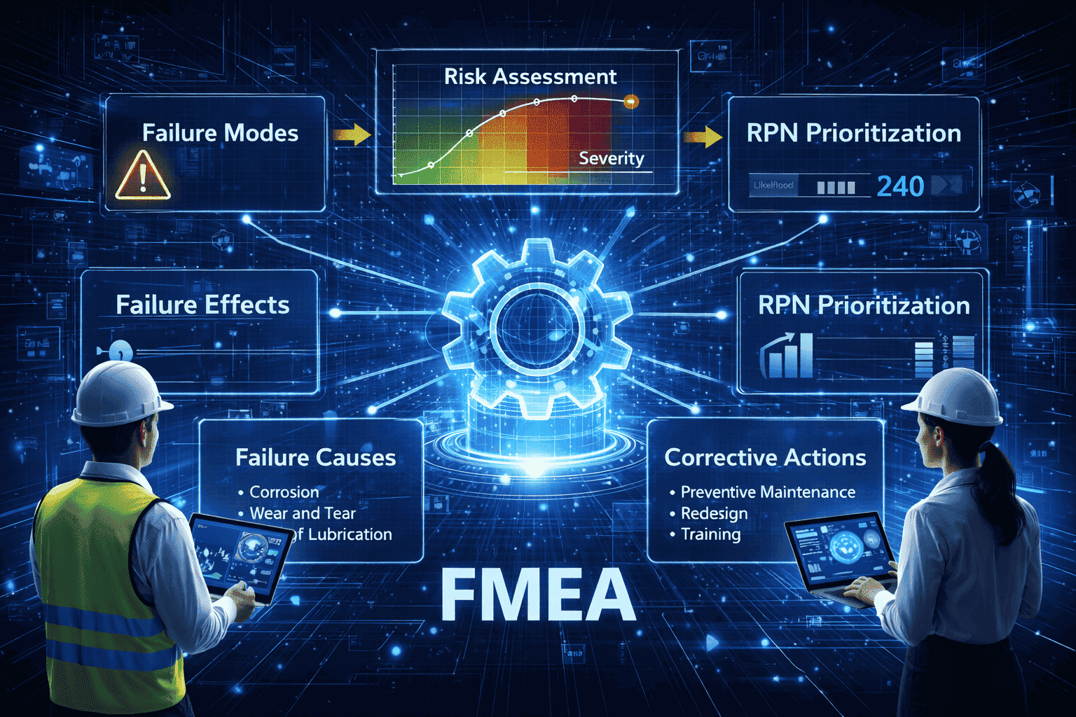 FMEA framework with risk assessment, failure analysis, and corrective action planning in a digital industrial environment.