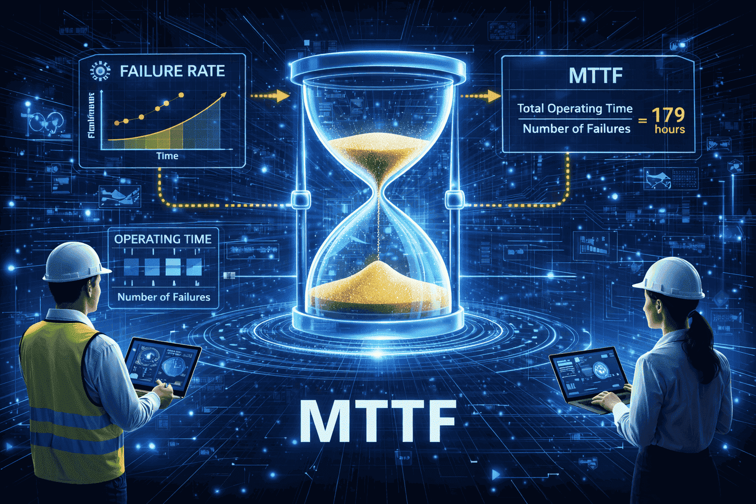 MTTF reliability analysis showing an hourglass, failure rate trends, and equipment lifespan metrics.