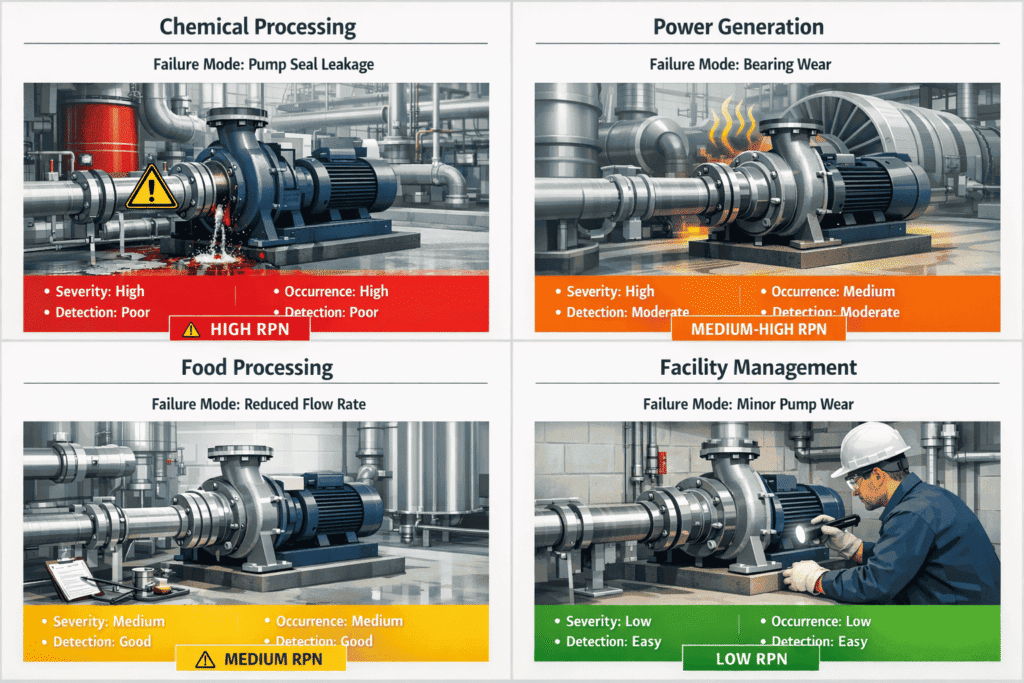 Infographic showing the same industrial pump operating in four different industries with varying Risk Priority Number (RPN) levels, illustrating how severity, occurrence, and detection affect risk from high in chemical processing to low in facility management.