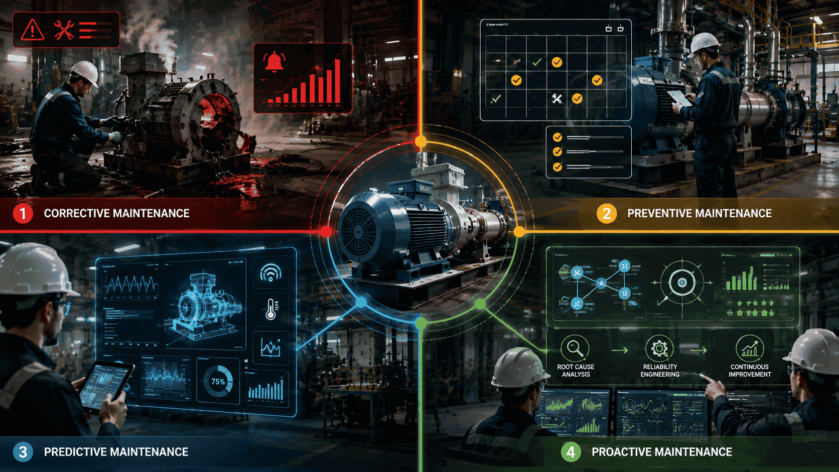 Industrial asset surrounded by visual representations of corrective, preventive, predictive, and proactive maintenance strategies, illustrating a complete maintenance management framework.