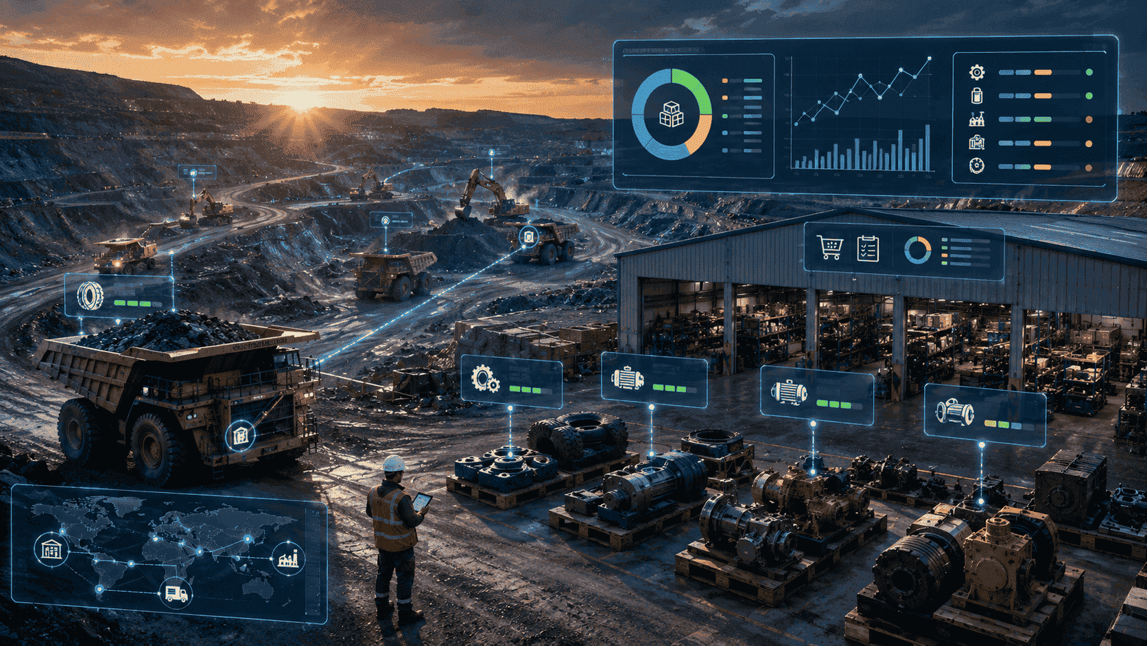 An open-pit mine, haul trucks, critical spare parts inventory, warehouse operations, and digital dashboards tracking equipment availability, stock levels, and supply chain performance.