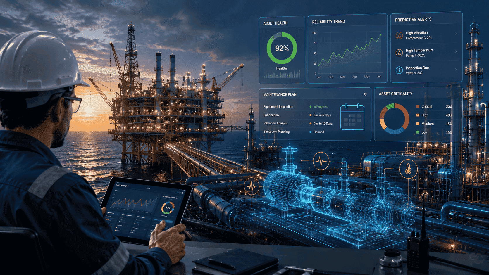 An offshore platform, digital twin technology, asset health dashboards, predictive maintenance analytics, and reliability monitoring for critical industrial equipment.