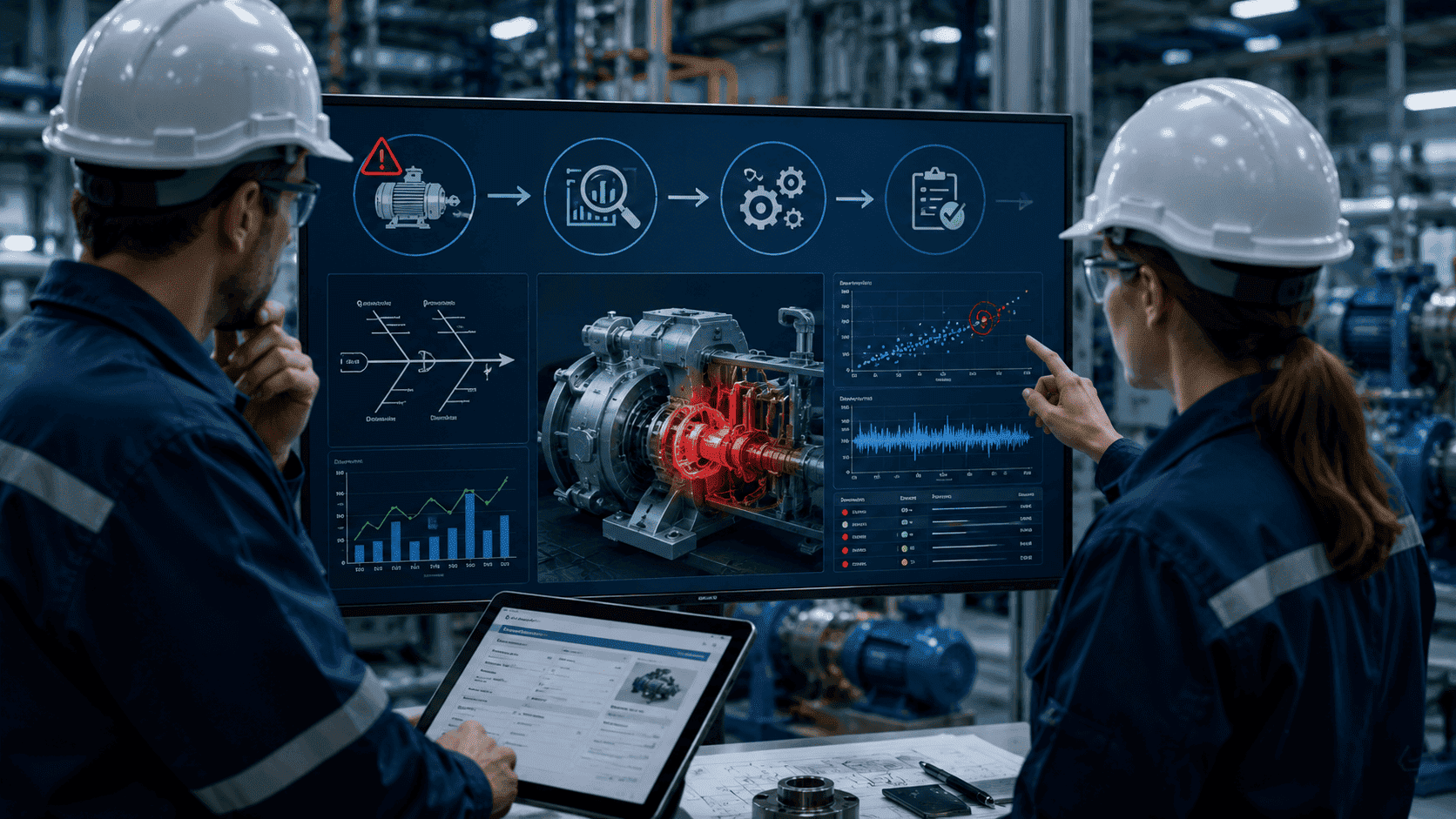 Industrial maintenance team investigating equipment failure using root cause analysis tools, failure diagrams, and performance data to identify the source of recurring asset problems.