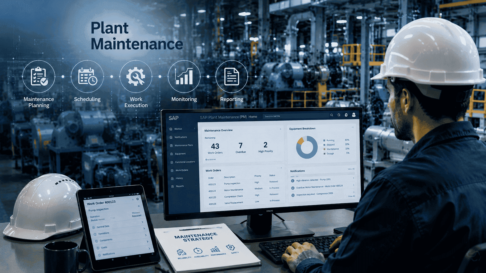 Maintenance planner monitoring work orders, asset performance, and maintenance schedules through a computerized plant maintenance management system in an industrial facility.