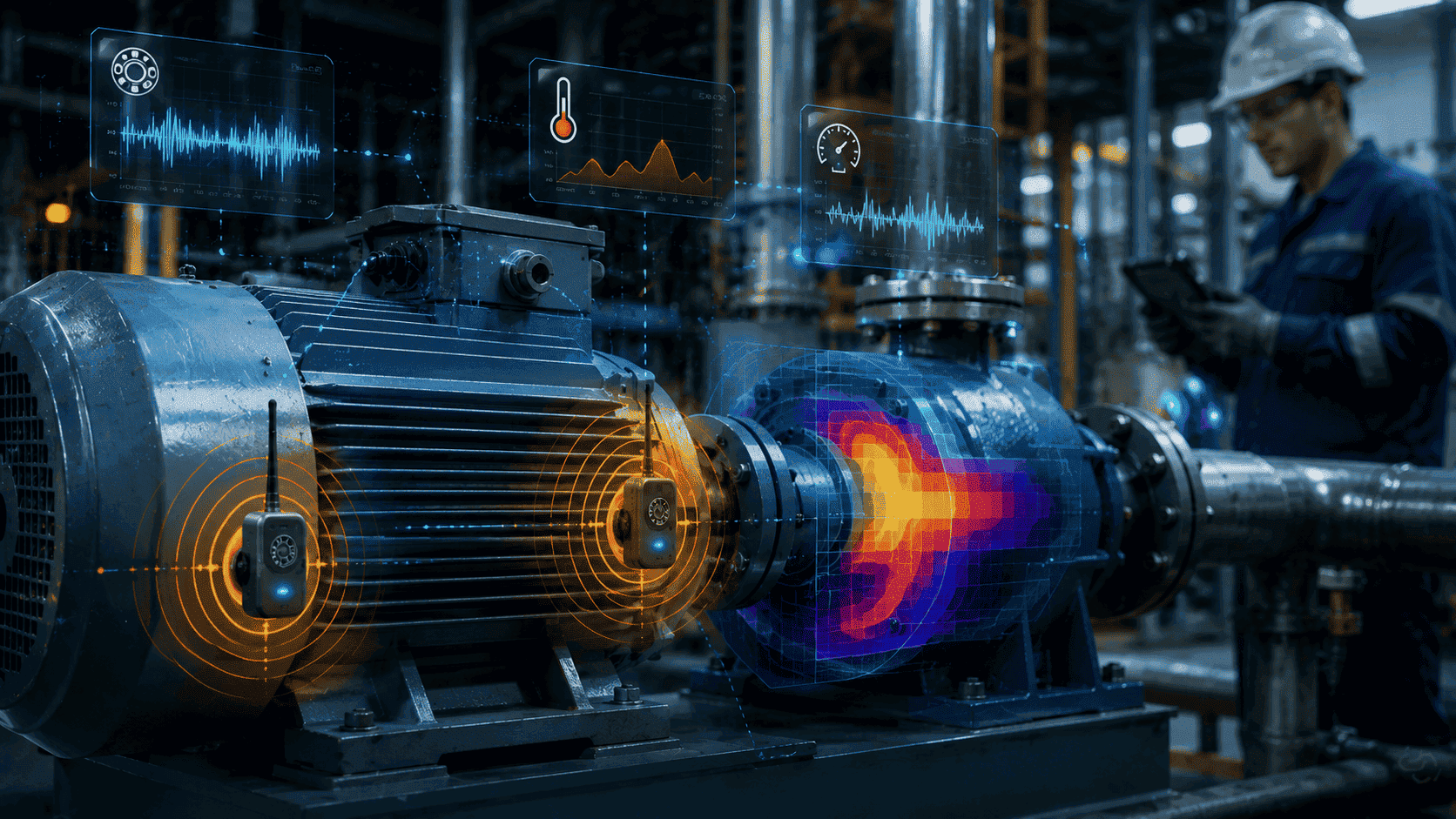 Industrial motor equipped with wireless condition monitoring sensors displaying real-time vibration, temperature, and equipment health data for predictive maintenance.