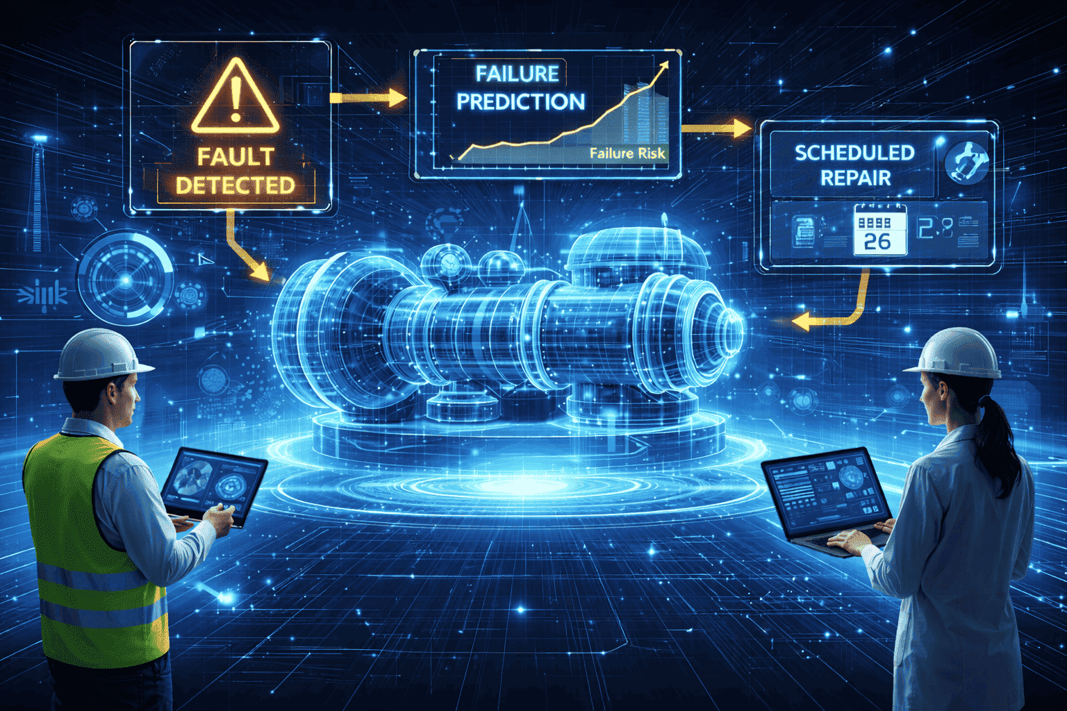 Digital twin technology for predictive maintenance with a holographic industrial machine, real-time monitoring, and failure prediction dashboards.