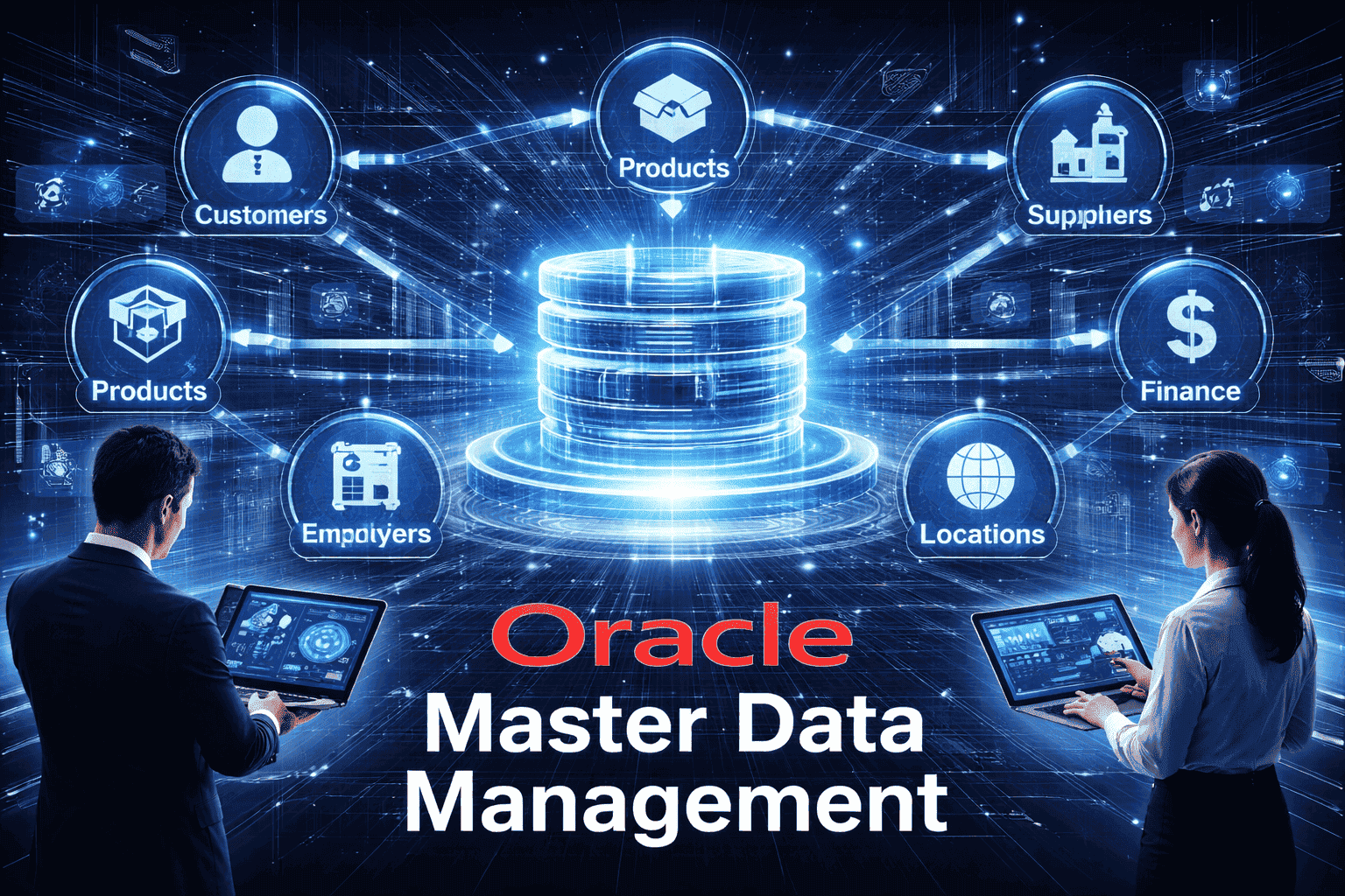 Oracle Master Data Management dashboard with a centralized data repository connecting customer, product, supplier, finance, and location data.
