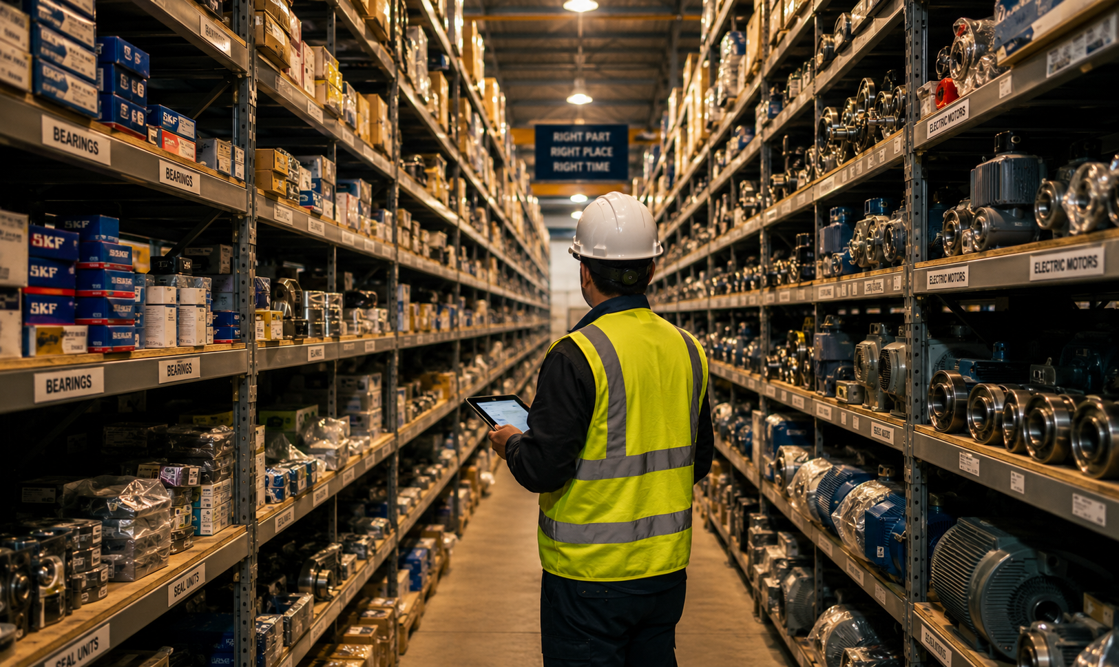 Ein Wartungstechniker arbeitet mit einem Tablet in einem gut organisierten industriellen Ersatzteillager mit etikettierten Regalreihen, die mit Lagern, Motoren und verpackten Komponenten bestückt sind.